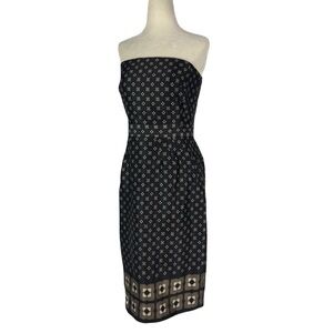 Banana Republic black & tan satin geometric scarf print strapless dress sz 6 EUC